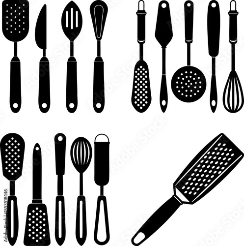 A collection of essential kitchen tools and utensils in black and white