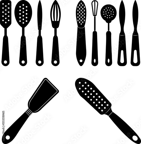 Black and white assortment of kitchen utensils for cooking food preparation