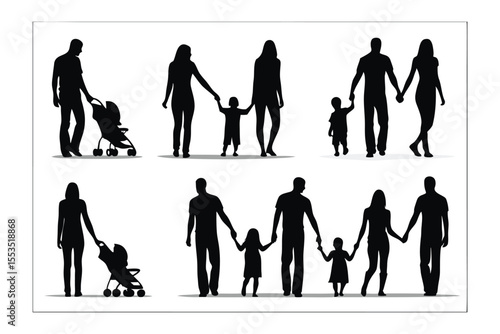 Family Silhouette Collection: A diverse collection of family silhouettes representing different family dynamics, illustrating the bonds of togetherness and the love between parents and children.