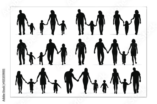 Family silhouettes: A collection of silhouettes depict families walking hand-in-hand, symbolizing the bonds of love, guidance, and togetherness. They showcase the essence of familial unity.
