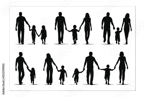 Family silhouette in harmonious poses: A collection of silhouette family portraits, each depicting a parent and child(ren) holding hands. Capturing the warmth of family unity and togetherness.