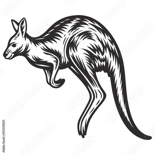 Monochrome kangaroo in mid-leap position, dynamic posture, visible line shading, consistent stroke weight, symmetrical layout suitable for wildlife themed woodcut style branding or graphic use