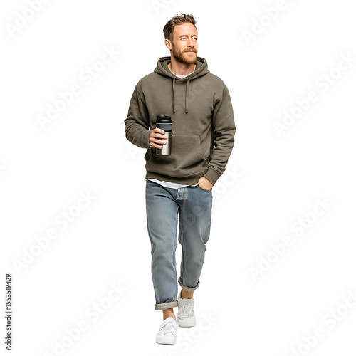 A man in a hoodie and jeans walks forward while holding a bottle