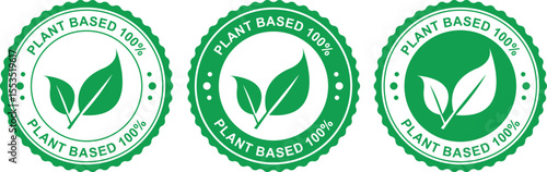green circular plant based 100 percent labels with leaf icons in flat vector style design	