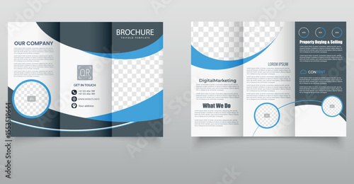 Corporate Blue and Blue Trifold Brochure Template for Business Promotion. Modern red and blue trifold brochure template with geometric design elements, perfect for business advertising, marketing.