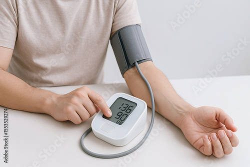 Blood pressure monitor arm cuff digital device health check medical equipment person measuring healthcare wellness white table casual clothing