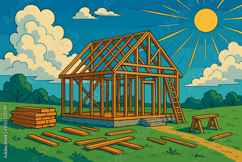 Wooden house construction in sunny outdoor setting with blue sky  