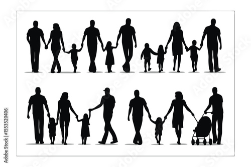 Family Silhouettes Collection: A set of diverse family silhouettes, depicting parents and children walking hand-in-hand, showcasing the bonds of family in various poses.