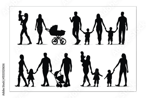 Family silhouette: A collection of family silhouettes, depicting parents and children in various poses, celebrating family, togetherness, and the bond that holds them.