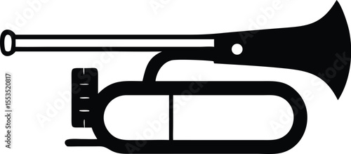 Detailed black trombone silhouette stands against white, providing a stark musical instrument depiction