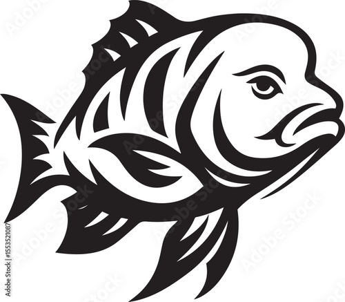 Tribal fish silhouette bold black and white, Ocean animal design with decorative lines