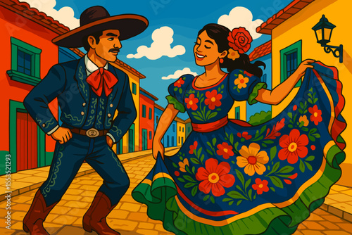 Traditional Mexican couple dancing in colorful street setting  