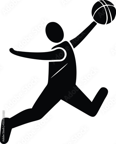 Silhouette displays a sportsman jumping high to slam dunk a basketball with ease on white