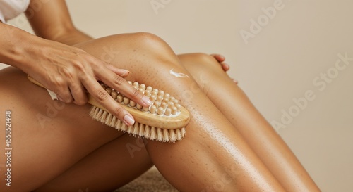 Woman dry brushing leg with body brush on beige background