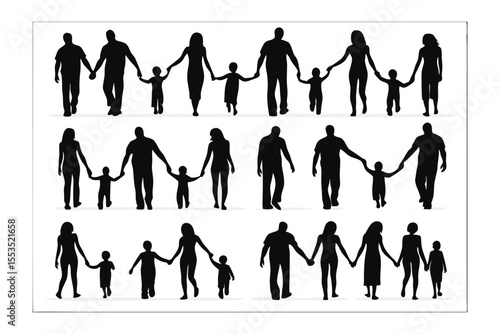 Family silhouettes in a grid: A collective of various families holding hands, silhouetted in black against a clean background, representing unity, togetherness and the essence of familial love.