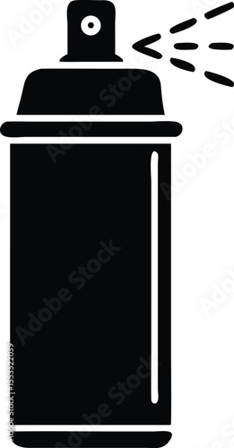Black aerosol spray can dispersing contents into air with transparent background is portrayed