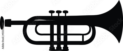 An outlined trumpet shows fine musical structure on a plain white background
