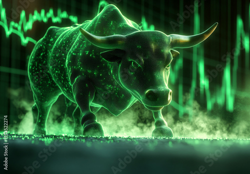 Digital representation of a bull symbolizing stock market growth and financial prosperity