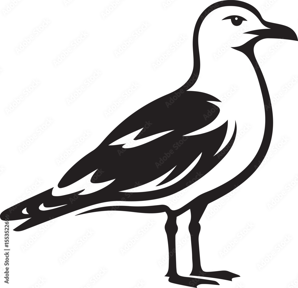 Obraz premium Seagull silhouette stylish black and white design, Seaside bird figure in minimal vector