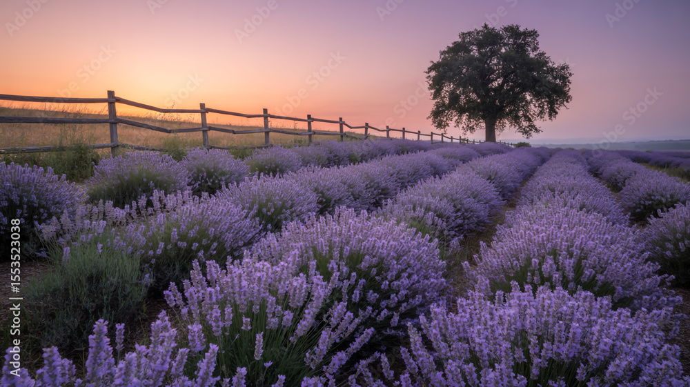 Obraz premium A lavender field at sunset with a wooden fence and a lone tree in the background under a colorful sky