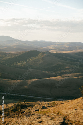 Beautiful view of green mountains at sunset