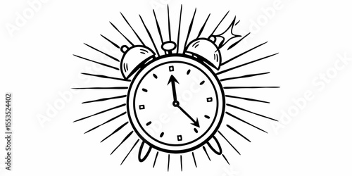 a ringing alarm clock with radiating lines emanating from behind it in black and white