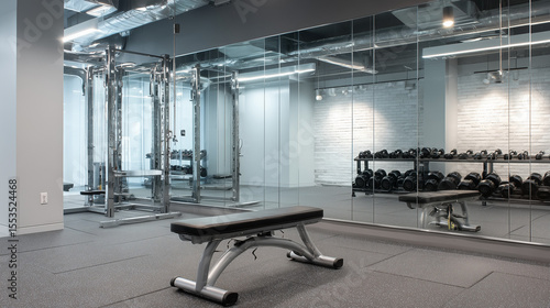 Modern gym with mirrored wall and weight rack, showcasing minimalist fitness space
