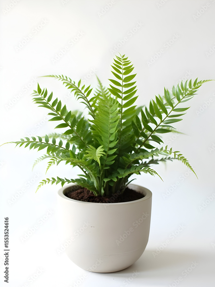 Fototapeta premium Lush green fern in a white pot against a clean white background indoors