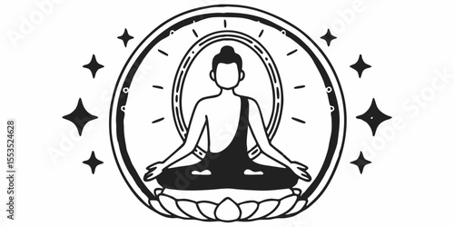 a buddha figure meditating on a lotus flower surrounded by stars and a radiant halo