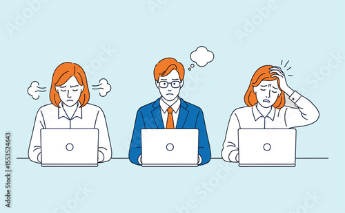Overwhelmed Business Professionals Experiencing Stress, Frustration, and Headaches While Working on Laptops, Facing Difficulties and Challenges