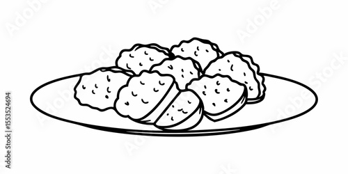 a plate filled with several pieces of food in black and white outline style art