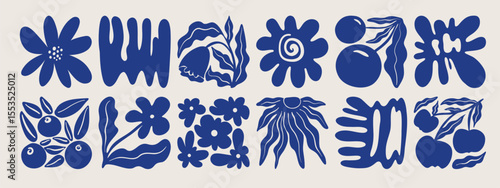 Abstract flowers, leaves minimal posters set. Modern floral botanical decorative prints, contemporary naive simple plant fruits corals shapes. Vector collection