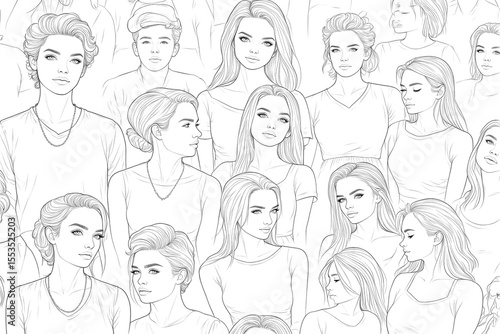Group of people are drawn in a row, with some of them having long hair. The image is a collage of different faces, with each person having a unique expression. Scene is one of diversity