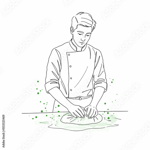 Young baker kneading dough — black and white vector illustration with green accents for culinary and bakery themes