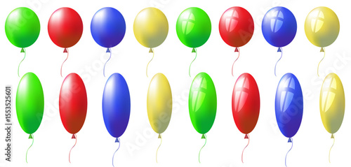 Set of balloons on isolated white background. Festive balloons for birthday, wedding, party decoration. Red, blue, green, yellow.
