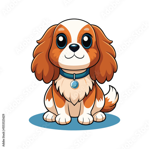 Smiling king charles spaniel dog with collar and crown vector illustration isolated on white background