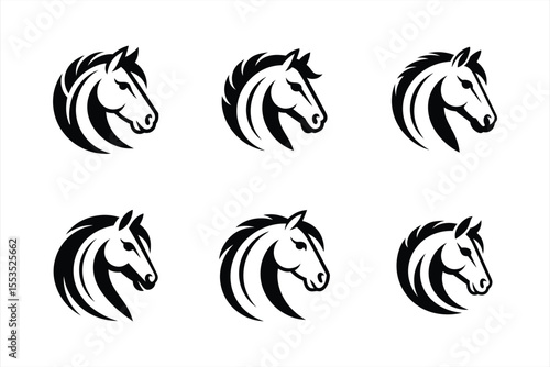 Funny tribal horse and stallion head silhouette illustration set with black symbols