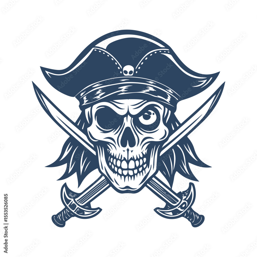 Pirate Skull with Hat and Crossed Swords – Hand Drawn Jolly Roger Emblem in Tattoo Style Isolated on White Background. Pirate Skull with Hat and Crossed Swords – Hand Drawn Jolly Roger Emblem in Tattoo Style Isolated on White Background.