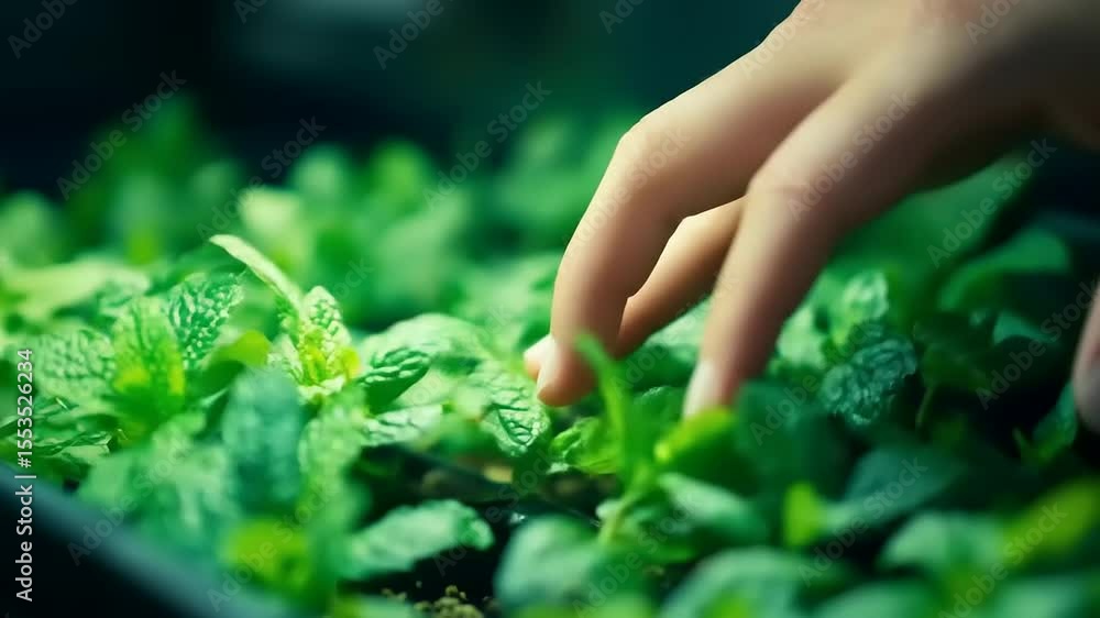 Hand touching fresh mint sprouts. Hand touching fresh mint sprouts.
