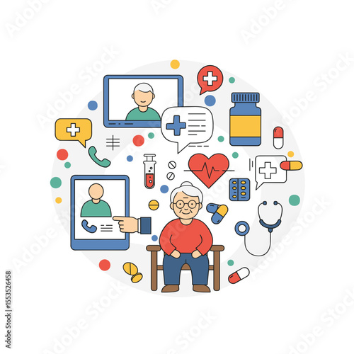 Elderly man using telemedicine with health icons and medications  
