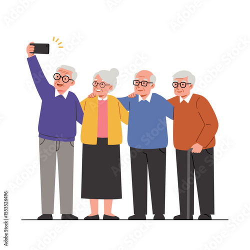 Elderly friends taking selfies together with smiles on white background  