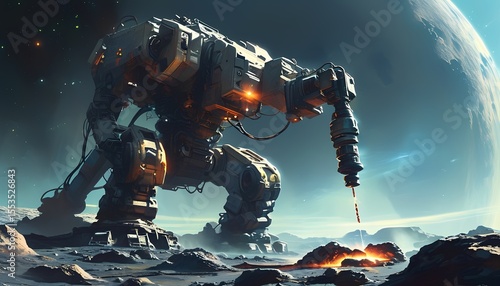 A bulky robot using a high powered drill on an asteroid collecting glowing minerals. Distant planets in the background space mining operation gritty sci fi realism