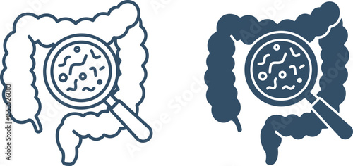 Gut Health Icon: Intestines with Magnifying Glass