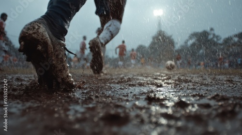 A slow-motion shot of rain falling on a muddy soccer pitch during a tough match, with players sliding.