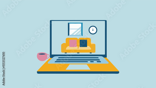 Laptop displaying a living room scene with sofa window and clock in a virtual environment view