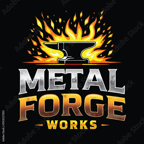 Vintage Metal Forge Logo with Anvil and Flames – Industrial Blacksmith Branding Icon