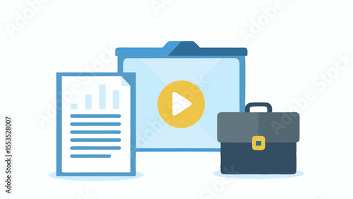 a document with charts, a video screen, and a briefcase on a white background