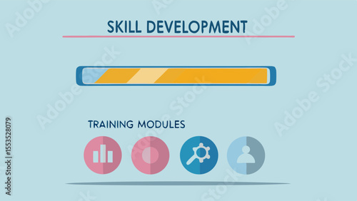 Skill development progress bar with training modules and icons on a light blue background design