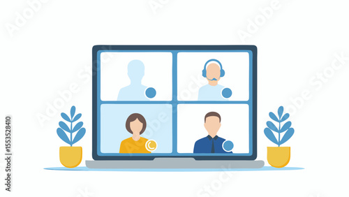 Laptop screen displaying a video conference with four participants and plants on the side desk