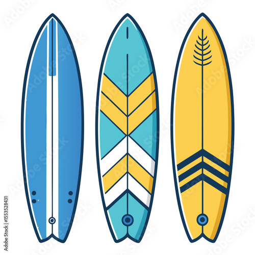 Three colorful surfboards standing upright in sand with transparent background, isolated beach surfboard illustration for summer, vacation, or water sports concepts

